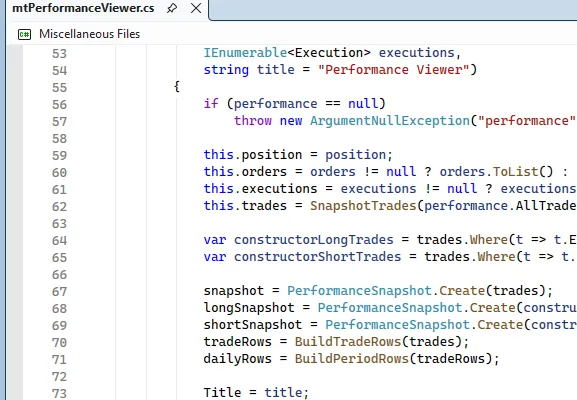 Visual Studio editor used for custom trading workflow software