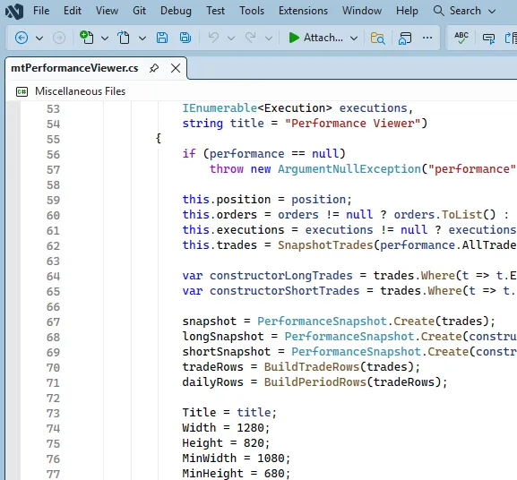 Visual Studio editor used for custom trading workflow software
