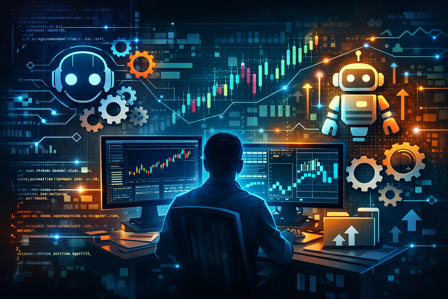 Abstract illustration of setting up a NinjaTrader trading bot: computer with trading charts, code and automation gears in a futuristic style.